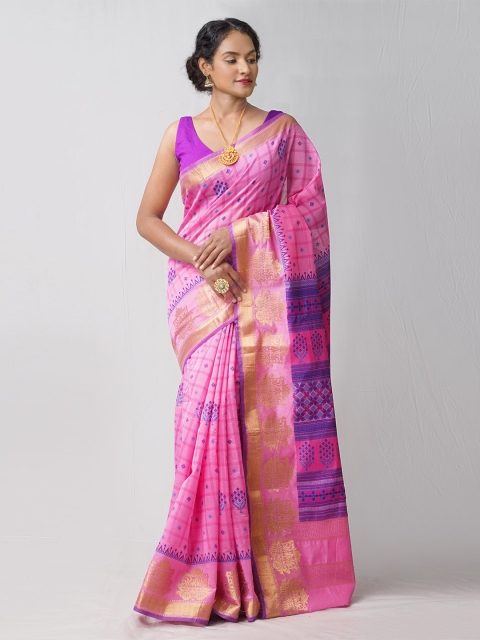 

Unnati Silks Pink & Blue Ethnic Motifs Zari Silk Cotton Chanderi Saree