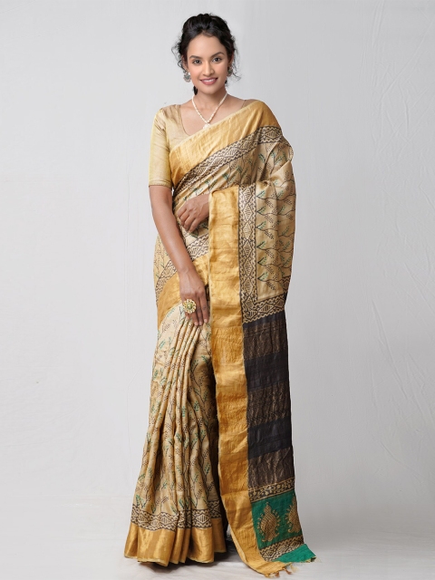 

Unnati Silks Brown & Green Ethnic Motifs Zari Pure Silk Handloom Sustainable Tussar Saree