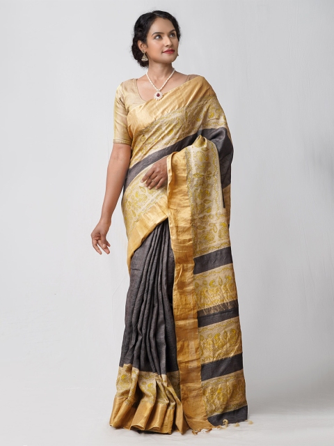 

Unnati Silks Black & Tan Ethnic Motifs Handloom Sustainable Pure Silk Tussar Saree