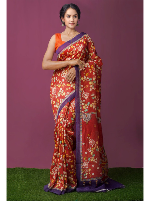 

Unnati Silks Red & Purple Kalamkari Pure Cotton Kanjeevaram Saree