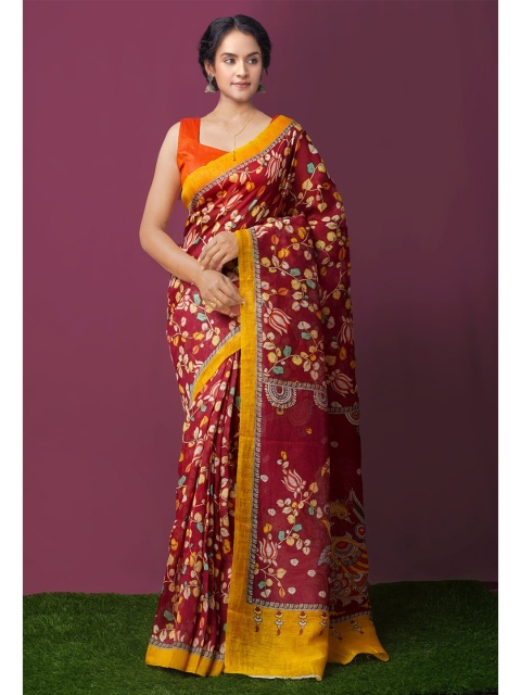 

Unnati Silks Maroon & Yellow Floral Pure Cotton Kanjeevaram Saree