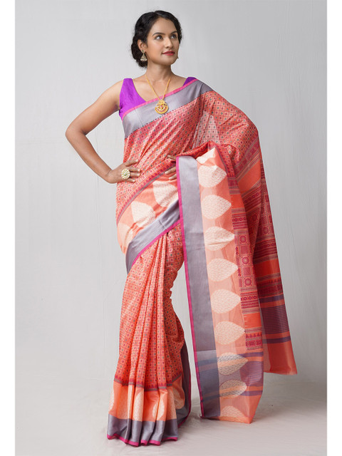 

Unnati Silks Red Block Printed Chanderi Sico Saree