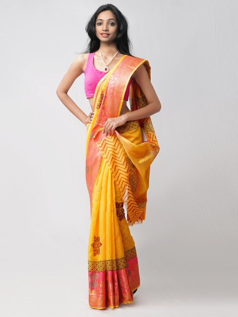 

Unnati Silks Yellow & Pink Floral Zari Pure Cotton Kota Saree