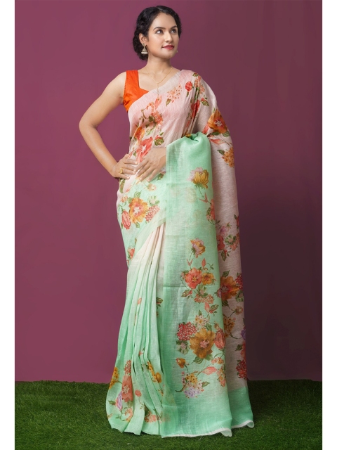

Unnati Silks Green & Peach-Coloured Floral Silk Cotton Chanderi Saree