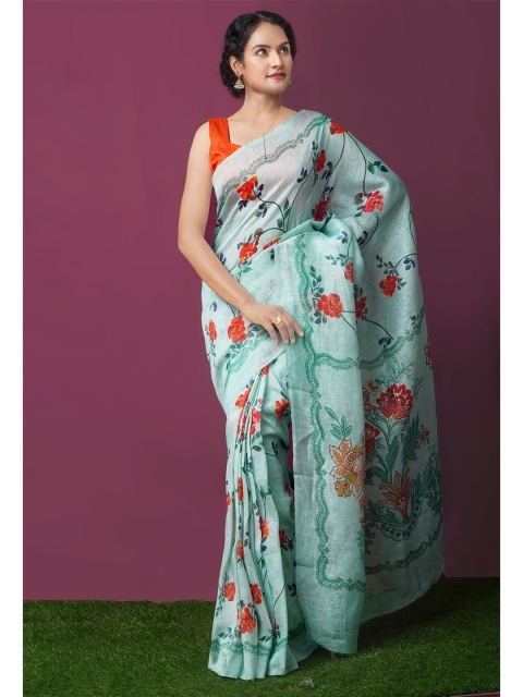 

Unnati Silks Blue & Red Floral Silk Cotton Chanderi Saree