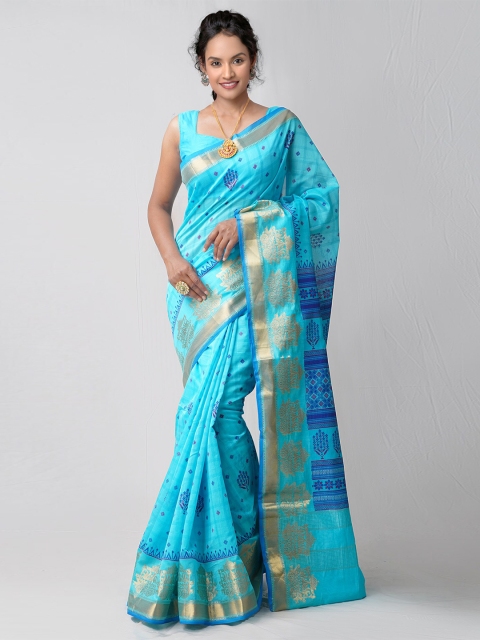

Unnati Silks Blue & Gold-Toned Ethnic Motifs Zari Silk Cotton Chanderi Saree