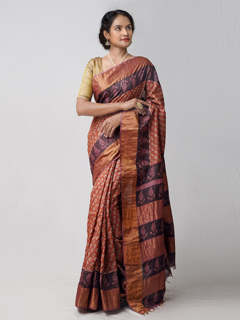 

Unnati Silks Purple & Copper-Toned Floral Zari Pure Silk Tussar Saree