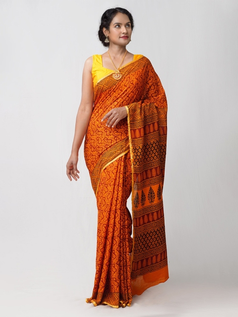 

Unnati Silks Orange & Gold-Toned Paisley Zari Pure Cotton Venkatgiri Saree