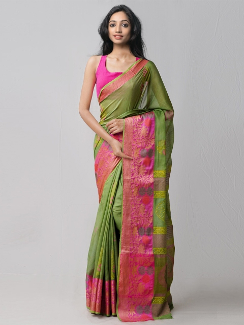 

Unnati Silks Green & Pink Ethnic Motifs Zari Pure Cotton Handloom Sustainable Kota Saree