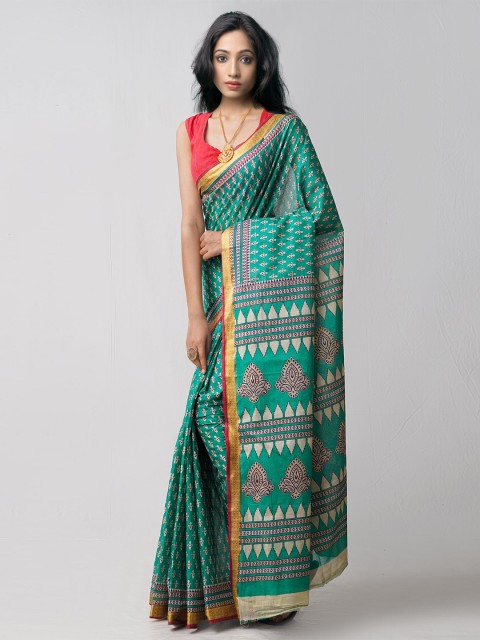 

Unnati Silks Green & Off White Ethnic Motifs Zari Pure Cotton Kovai Saree