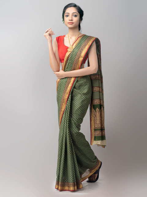 

Unnati Silks Green & Gold-Toned Ethnic Motifs Pure Cotton Handloom Sustainable Kovai Saree