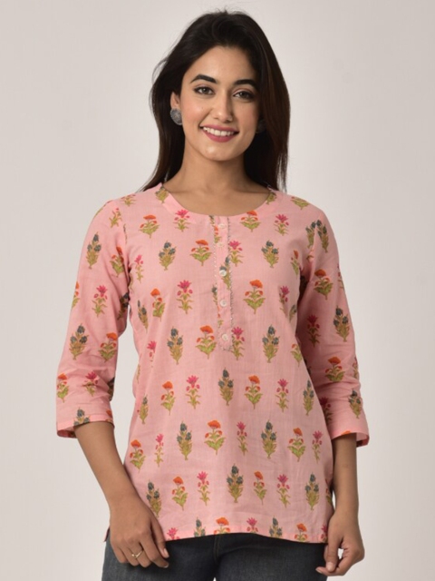 

Swasti Pink & Green Floral Printed Pure Cotton Kurti