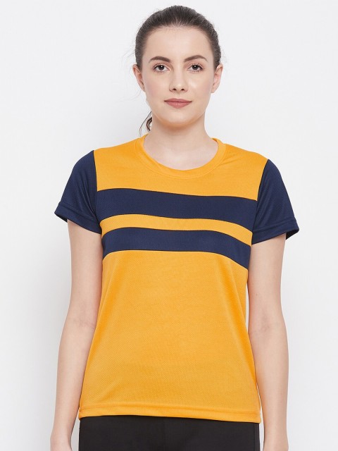 

PRINCINN MEYER Women Mustard Yellow & Navy Blue Colourblocked Dri-FIT Running T-shirt