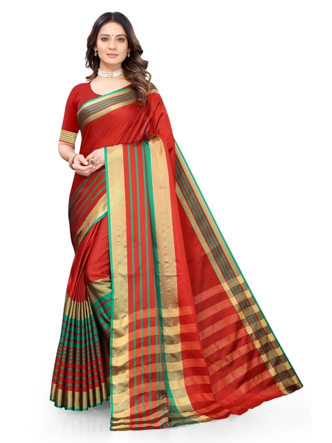 

Viva N Diva Red & Gold-Toned Woven Design Zari Silk Blend Fusion Saree