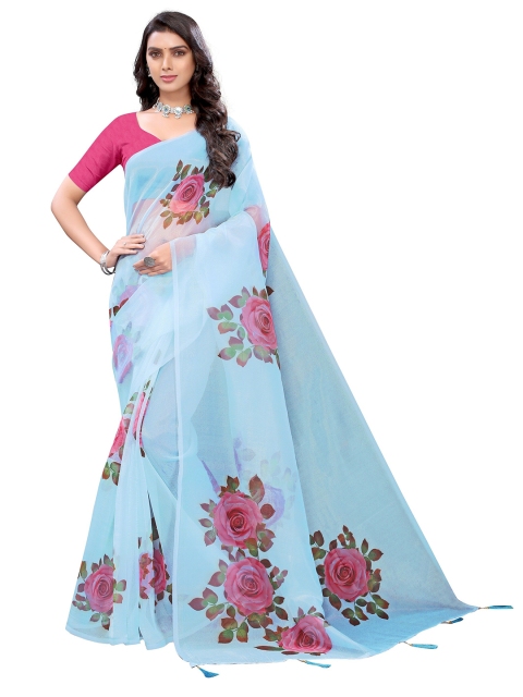 

Viva N Diva Blue & Pink Floral Printed Organza Saree