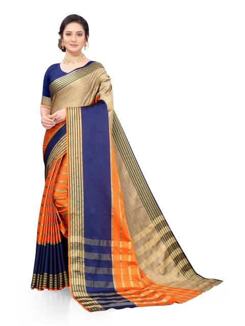 

Viva N Diva Orange & Navy Blue Striped Zari Silk Blend Saree