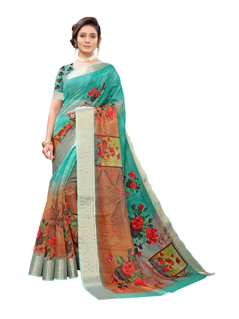 

Viva N Diva Sea Green & Silver-Toned Floral Zari Silk Blend Fusion Kanjeevaram Saree