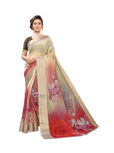 

Viva N Diva Beige & Red Floral Printed Saree