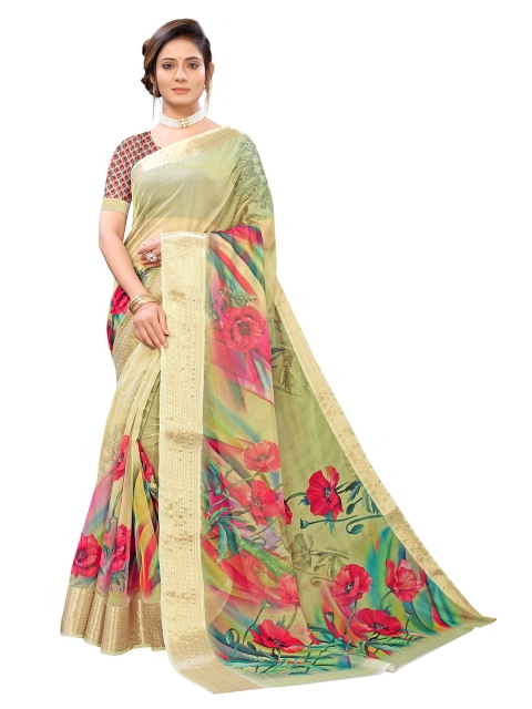 

Viva N Diva Yellow & Pink Woven Design Silk Blend Fusion Kanjeevaram Saree