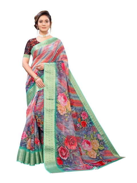 

Viva N Diva Blue & Pink Floral Zari Silk Blend Kanjeevaram Saree