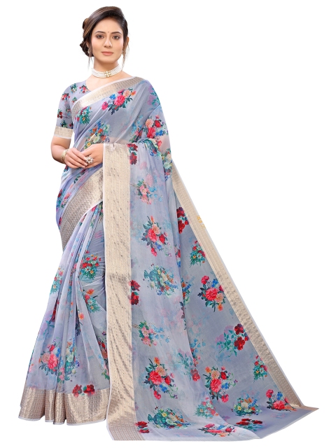 

Viva N Diva Purple & Red Floral Printed Zari Silk Blend Fusion Kanjeevaram Saree