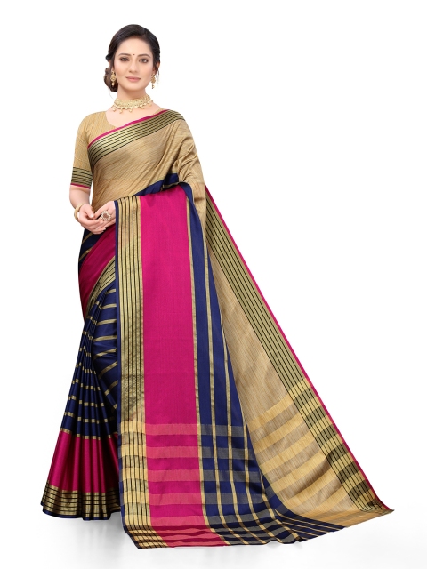 

Viva N Diva Navy Blue & Magenta Striped Zari Silk Blend Saree