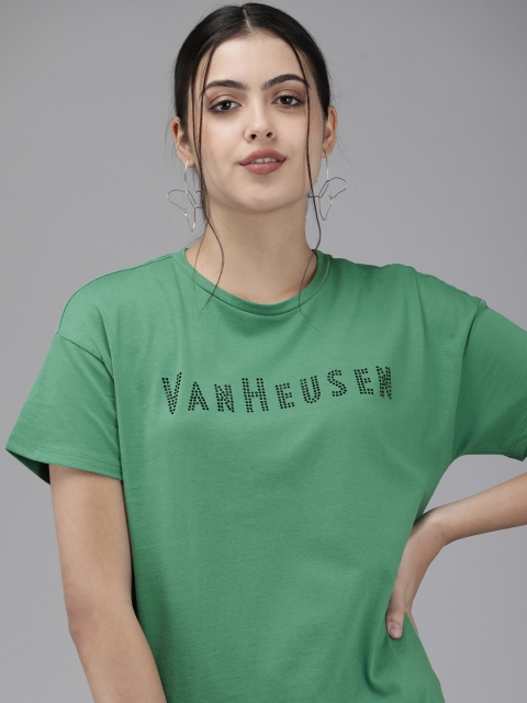 

Van Heusen Woman Green Brand Logo Embellished Drop-Shoulder Sleeves Pure Cotton T-shirt