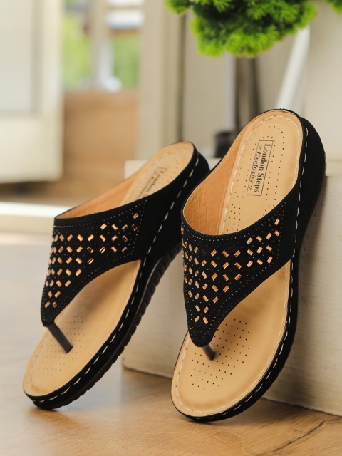 

LONDON STEPS Women Black Embellished Open Toe Flats