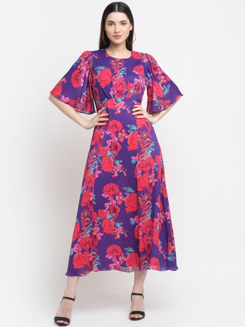 

ewoke Women Purple & Pink Floral Chiffon Midi Dress