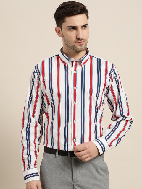 

Hancock Men White Slim Fit Striped Cotton Formal Shirt