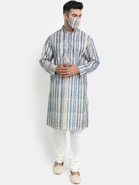 

HOB Men Blue Striped Kurta with Churidar & Matching Mask