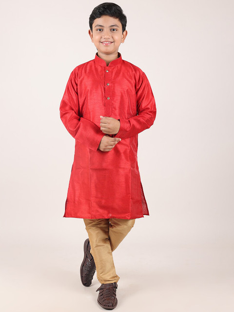 

Pothys Boys Red Silk Blend Kurta with Churidar