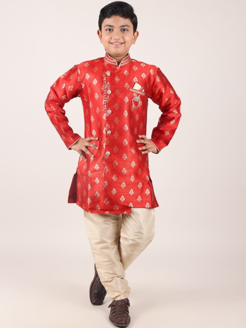 

Pothys Boys Red & Golden Colored Printed Jacquard Sherwani