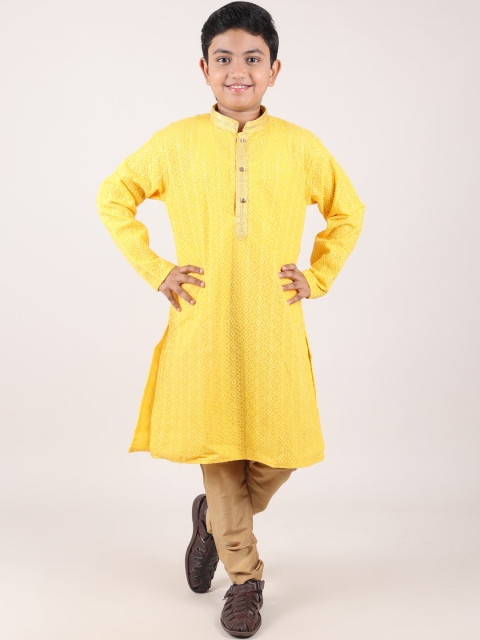 

Pothys Boys Yellow And Khaki Cotton Sherwani