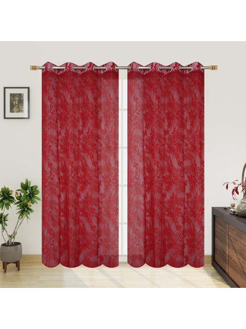 

Molly & Michel Set of 2 Red Floral Sheer Net Long Door Curtain