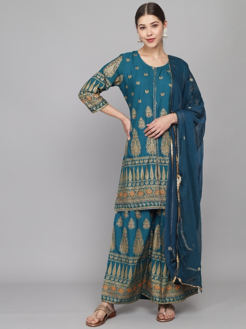 

Prakhya Women Green Ethnic Motifs Printed Pleated Kurta with Sharara & With Dupatta