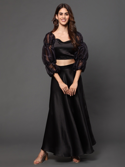 

KHUMAAR Shuchi Bhutani Women Black Satin Top with Skirt