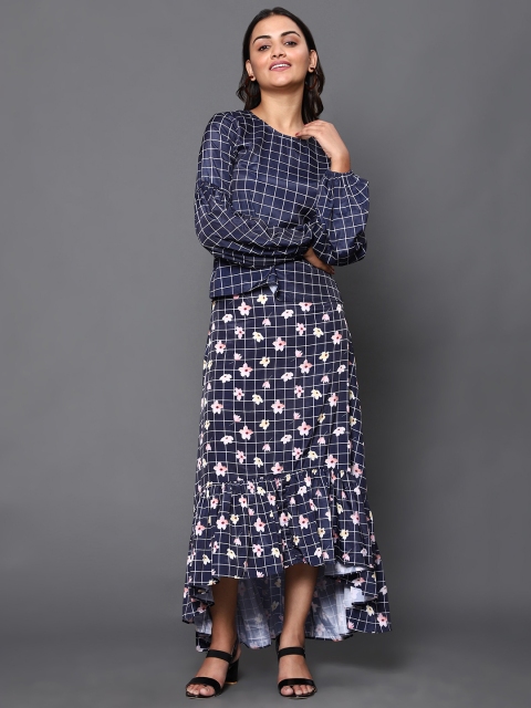 

KHUMAAR Shuchi Bhutani Women Navy Blue Checked Top with High-Low Skirt