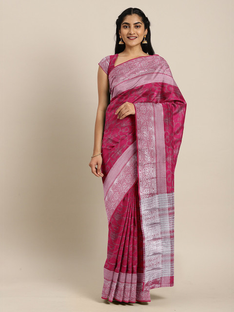 

The Chennai Silks Magenta & Silver-Toned Floral Zari Jute Cotton Saree