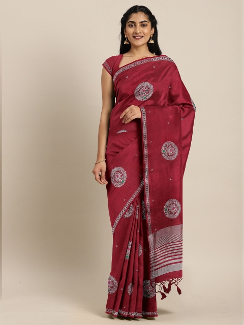 

The Chennai Silks Maroon & White Ethnic Motifs Zari Jute Cotton Saree