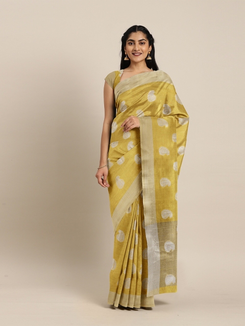 

The Chennai Silks Yellow & Silver-Toned Woven Design Zari Jute Cotton Saree