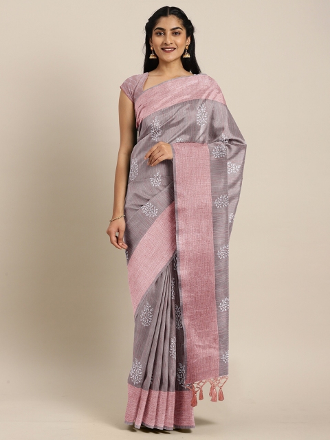 

The Chennai Silks Grey & Pink Floral Printed Tissue Fusion Saree
