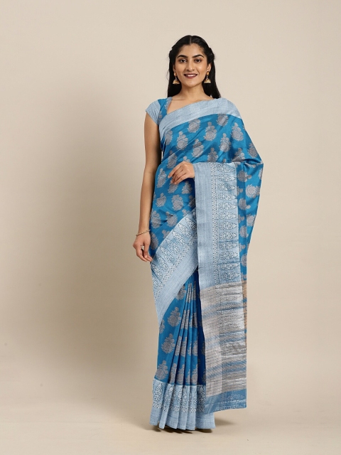 

The Chennai Silks Blue & Gold-Toned Woven Design Zari Jute Cotton Fusion Saree