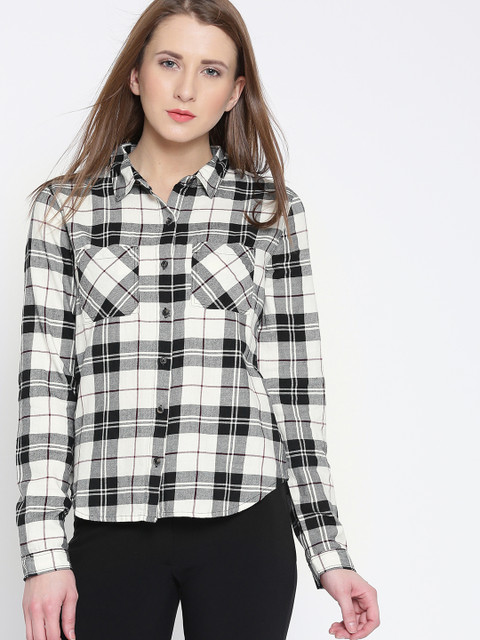 

FOREVER 21 Women Off-White & Black Checked Shirt