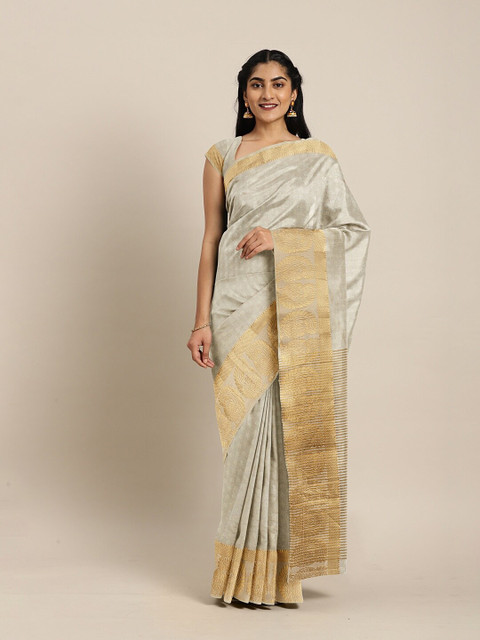 

The Chennai Silks Cream-Coloured & Gold-Toned Floral Zari Jute Cotton Fusion Saree