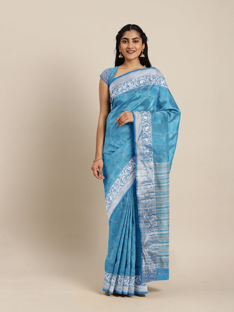 

The Chennai Silks Blue & Silver-Toned Ethnic Motifs Jute Cotton Fusion Saree