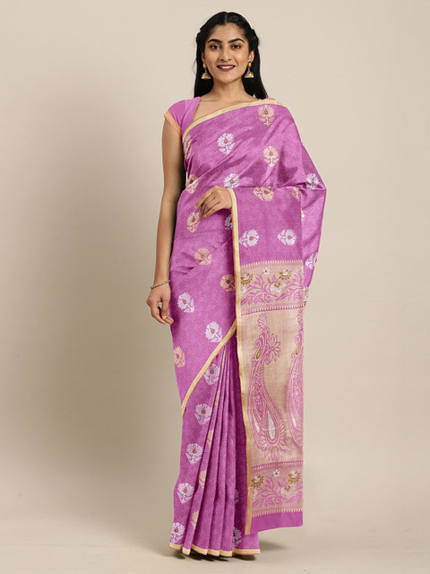 

The Chennai Silks Pink & Gold-Toned Woven Design Art Silk Fusion Saree