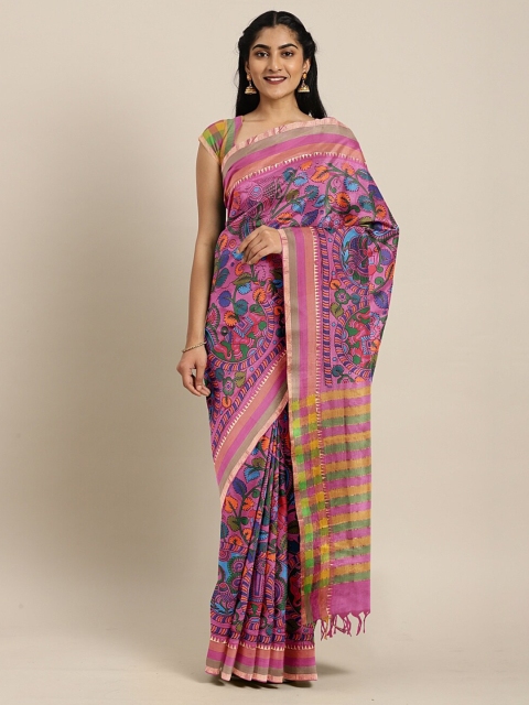

The Chennai Silks Pink & Green Ethnic Motifs Zari Pure Cotton Chanderi Saree