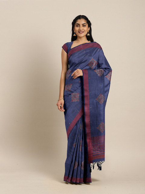 

The Chennai Silks Blue & Burgundy Floral Embroidered Jute Cotton Saree