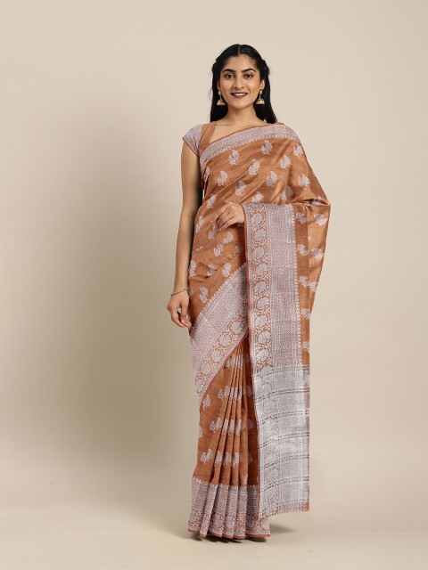 

The Chennai Silks Brown & Silver-Toned Ethnic Motifs Zari Jute Cotton Saree